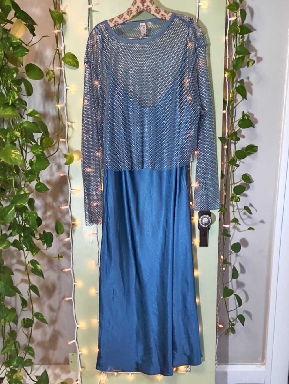 Women's Dolan NWT Blue Spaghetti Slip Dress Mesh Rhinestone Cropped Set 2X